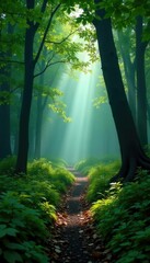 Obraz premium Misty forest path winding through dense foliage,, tree