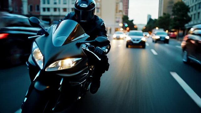 Dynamic Motorcyclist Speeding in traffic, High speed wide FPV shot, hyperlapse cinematography.