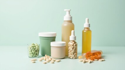 Natural Supplement. Skincare cream bottles jars capsules oils natural