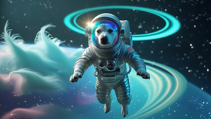 Naklejka premium A mesmerizing, hyper-realistic visual representation of astronaut Dog, suspended in mid-air, surrounded by a majestic, gas-giant planet with iridescent, created by generative ai