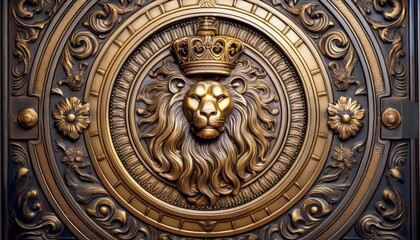 Obraz premium A close-up of an ornate metallic lion emblem with a golden crown.