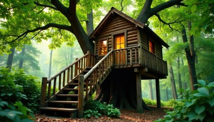 Rustic wooden stairs ascend into a cozy treehouse nestled among leafy branches, wooden, rustic