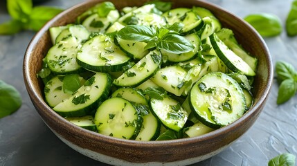A top view of a fresh and vibrant zucchini pasta salad served in a rustic ceramic bowl