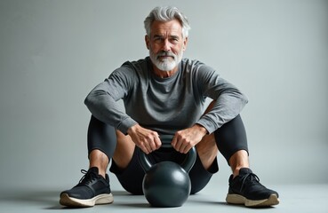 Fit senior man sits with kettlebell in front of him, rests after workout. Bearded male wearing sport clothing, has healthy lifestyle, strength exercises, sport activity in gym.