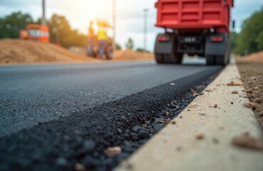 Close up shot of new asphalt road laying. Heavy red truck works. Road construction machinery, workers prepare highway. Fresh paving tarmac with bitumen. Industry, transport concepts, infrastructure