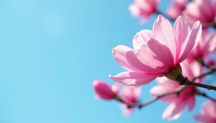 Obraz premium Soft pink petals unfurl in gentle breeze under clear blue sky, nature, tree