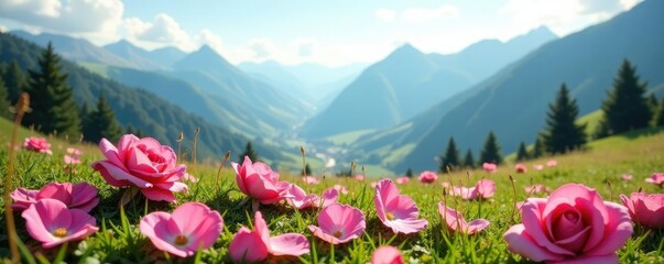 Fototapeta premium Soft pink rose petals scattered on a serene mountain meadow, roses, mountains, pink