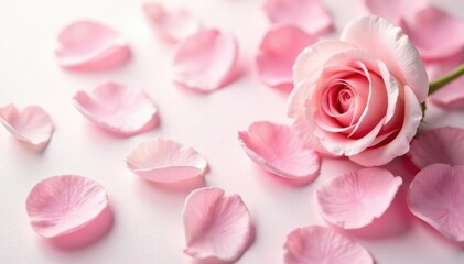 Fototapeta premium Soft pink rose petals scattered on a white background, nature, pastel colors, floral