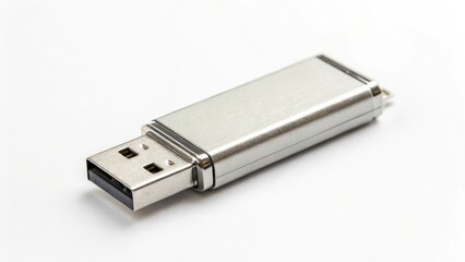 Silver USB Flash Drive on White Background