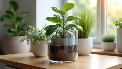 Self Watering Plant Pot. Green houseplants with fresh leaves in transparent glass and white ceramic pots placed on wooden table near window, bright natural light, indoor decor, office or home garden,