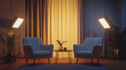 Cozy minimalist studio. Empty studio without people. Studio for podcasts or interviews. Stylish studio. Two comfortable armchairs with lighting and a coffee table, 8k image