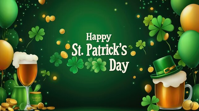 Happy St. Patrick’s Day festive design with leprechaun hat, shamrocks, gold coins, and Irish flag. Colorful vector background for greeting cards and posters.