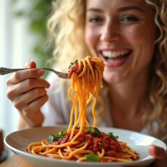 Close-up of positive woman eating spaghetti with tomato sauce. Girl with blonde hair and toothy smile enjoys italian pasta meal on fork. Healthy diet and lifestyle.