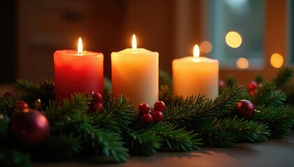 Warm candlelight illuminates festive greenery, evergreen, holly, candles