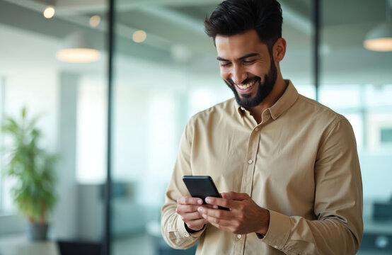 Young Hispanic man stands inside office browsing online pages, using phone applications. Smiling employee dials message makes call. Satisfied businessman uses smartphone for business communications.