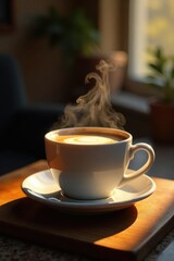 Obraz premium Warm light illuminates a steaming cup of coffee, morning, smoke, fragrance