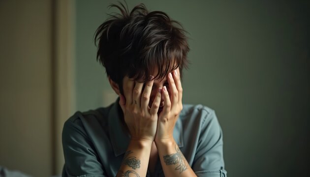 Regretful woman covers face with tattooed hands. Upset girl feels shame, depression, stress, problems. Sorrowful hopeless female suffering grief, pain. Concept for mental health, addiction, divorce