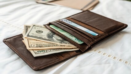 Brown Leather Wallet with Cash and Cards