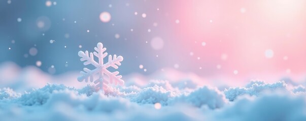 A delicate snowflake falls softly in the pale pinkish-blue abstract snowy sky, sky, pinkish