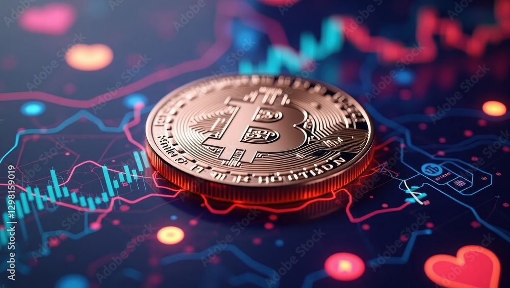 Poster staked. coin is sitting on colorful background with many different symbols