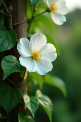 Obraz premium A delicate white dogrose flower on a trellis with vines, twine, flowers on garden trellis,