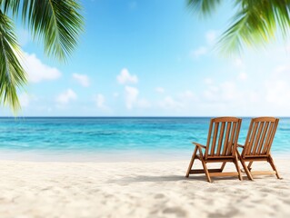 Two wooden beach chairs on sandy shore facing crystal blue ocean with palm trees under bright sky perfect tropical travel relaxation and vacation getaway beach lifestyle concept