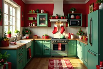 Fototapeta premium a festive Christmas kitchen with red and green decorations, bows, stockings, wrapping paper