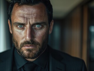 Fototapeta premium Intense man, suit, office, background blur, portrait