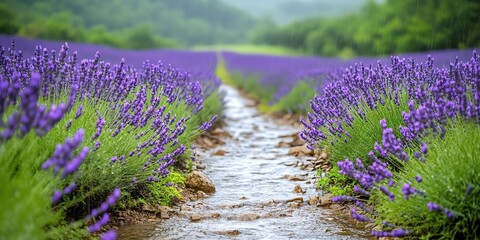 Obraz premium Lavender Field and Stream in Soft Rain Serene Landscape Photography