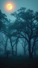 Fototapeta premium A misty forest with ancient trees and a glowing moon, landscape, earth, mist