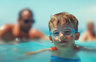 Naklejka premium A young boy wearing swimming goggles is floating in the water at a summer beach, while his father watches him from behind.