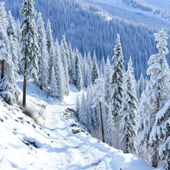 Fototapeta premium A rugged mountain trail winds through the snowy woods, mountain trail,, frozen trees