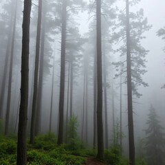 Fototapeta premium A serene and misty forest with tall trees and fog rolling in, mist, mysterious