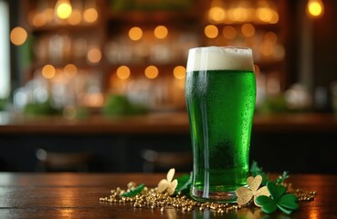 Green beer on bar for Irish St Patricks Day celebration. Festive shamrock beverage on pub wooden counter top. Traditional party with beer pint and golden beads chain jewelry.