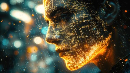 Glowing cyberpunk neon darkness concept. A futuristic portrait blending a human face with glowing digital patterns, symbolizing the intersection of technology and humanity.