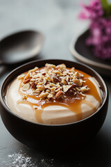 Smooth vanilla cream with a shiny caramel glaze and a sprinkle of nuts