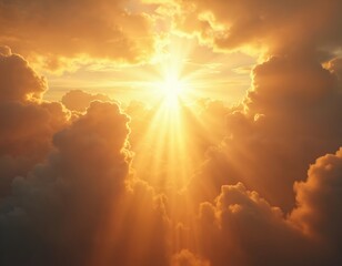 Beautiful sunset sky background with dramatic clouds formation and light beams. God light in heaven symbolizes divine presence, truth, spiritual illumination, love and grace, blessing world.