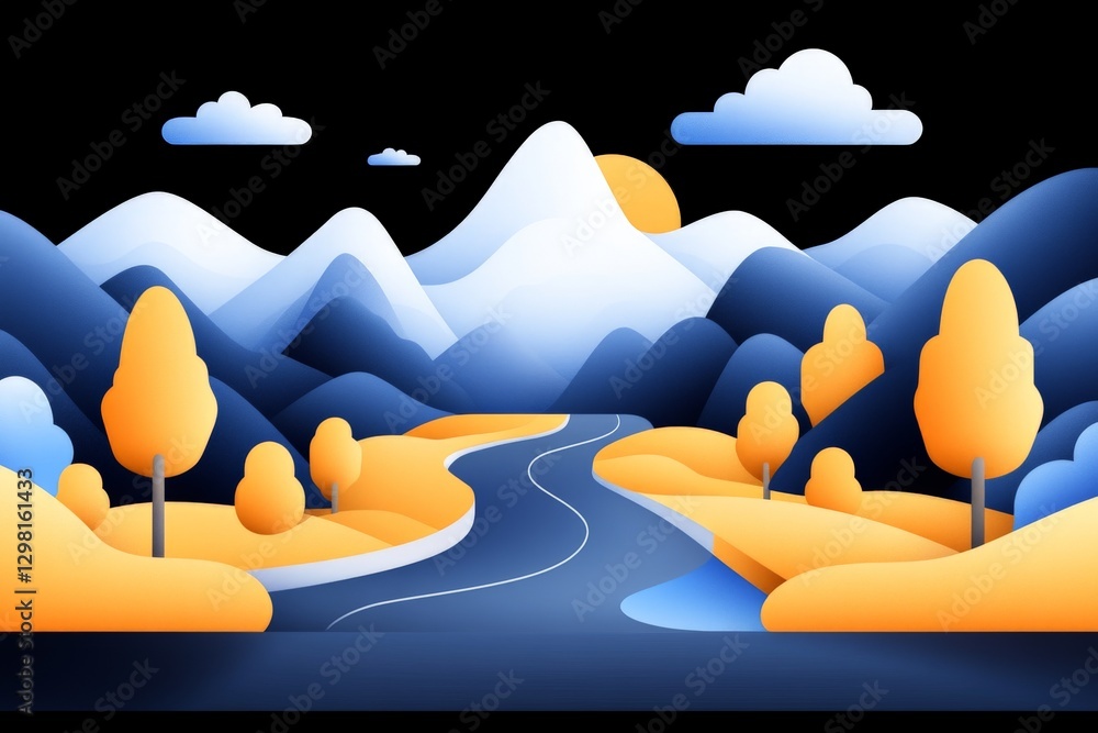Aufkleber minimalist vector illustration of stylized landscape with flowing river mountains and trees in blue 