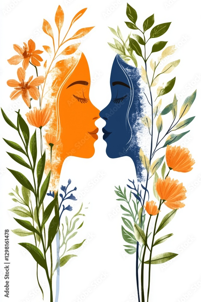 Poster abstract illustration of two faces in profile surrounded by floral elements representing emotions re