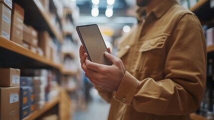 Man checks inventory app in warehouse