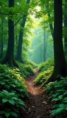 Fototapeta premium dense forest foliage surrounding a winding rope trail, wilderness, leafy, trails