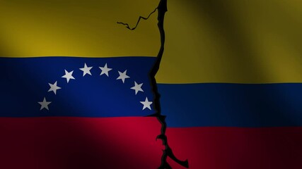 Venezuela Vs Colombia flag waving with crack in the center representing conflict, 4k animation - Powered by Adobe