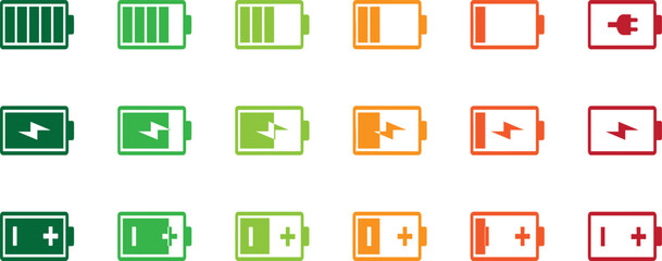 Battery icon set. Battery charge level icons. Battery Charging indicator in thin line and flat icon collection. Vector illustration