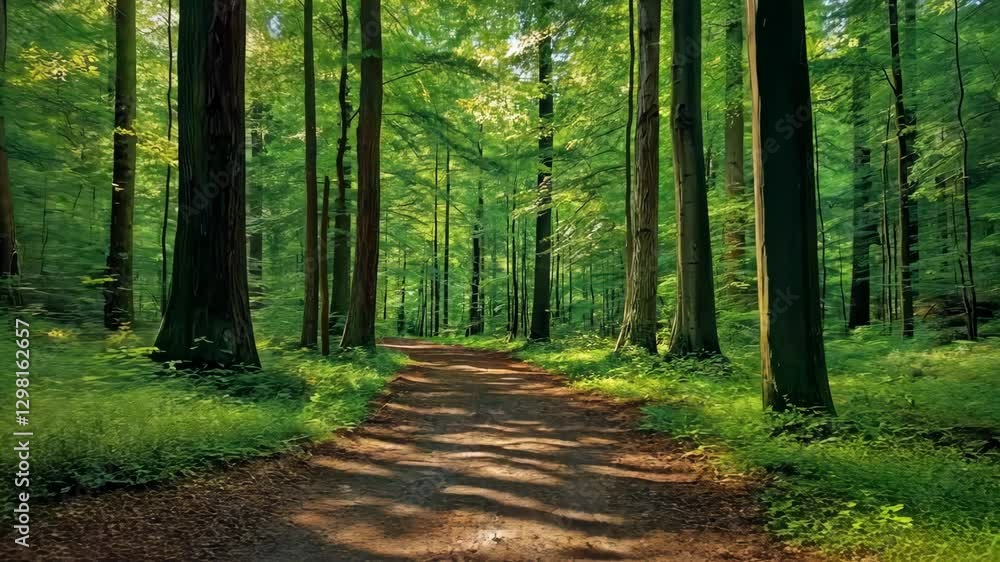 Poster forest path with trees on either side. the path is surrounded by trees and is a peaceful, serene env