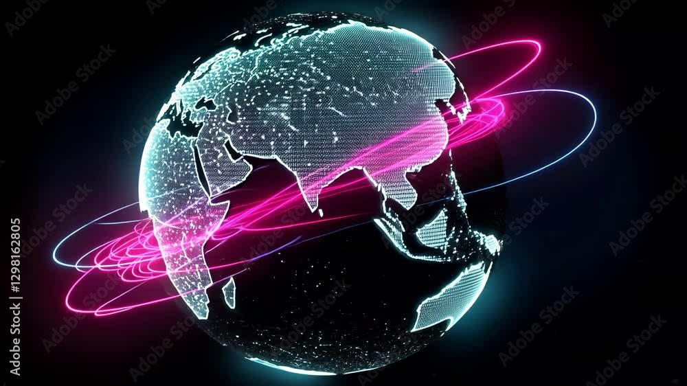 Poster holographic globe with pink data streams on dark background representing global tech analysis