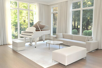 White Grand Piano in Modern Living Room 3D Illustration