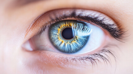 Obraz premium Blue orange human eye iris pupil close up macro shot Color vision perception blindness eyes concept