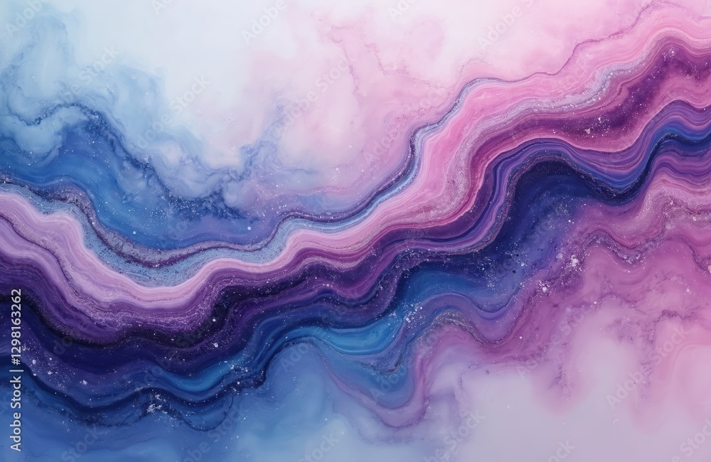 Poster Abstract purple paint background with acrylic texture and marble pattern. Flowing, mixed gouache and colorful dye art with smooth gradient, stain and smudge design.
