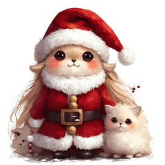 cute fluffy animal dressed Santa outfit stands with two adorable kittens, creating festive and heartwarming scene. animal big eyes and rosy cheeks add to charm, making it perfect for holiday