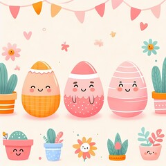 A charming illustration features three adorable Easter egg characters with smiling faces, surrounded by cute potted plants, flowers, and festive decorations like bunting and hearts.